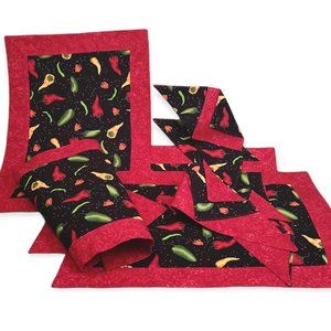 Placemat Napkin Designer Set (4) Bold Chili Pepper Design in Red Black